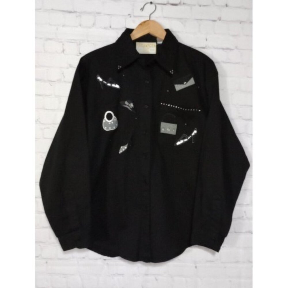 Vtg Fortune By Stan Embroidered Shirt Top Fashion Themed Button Up Black Sz L
